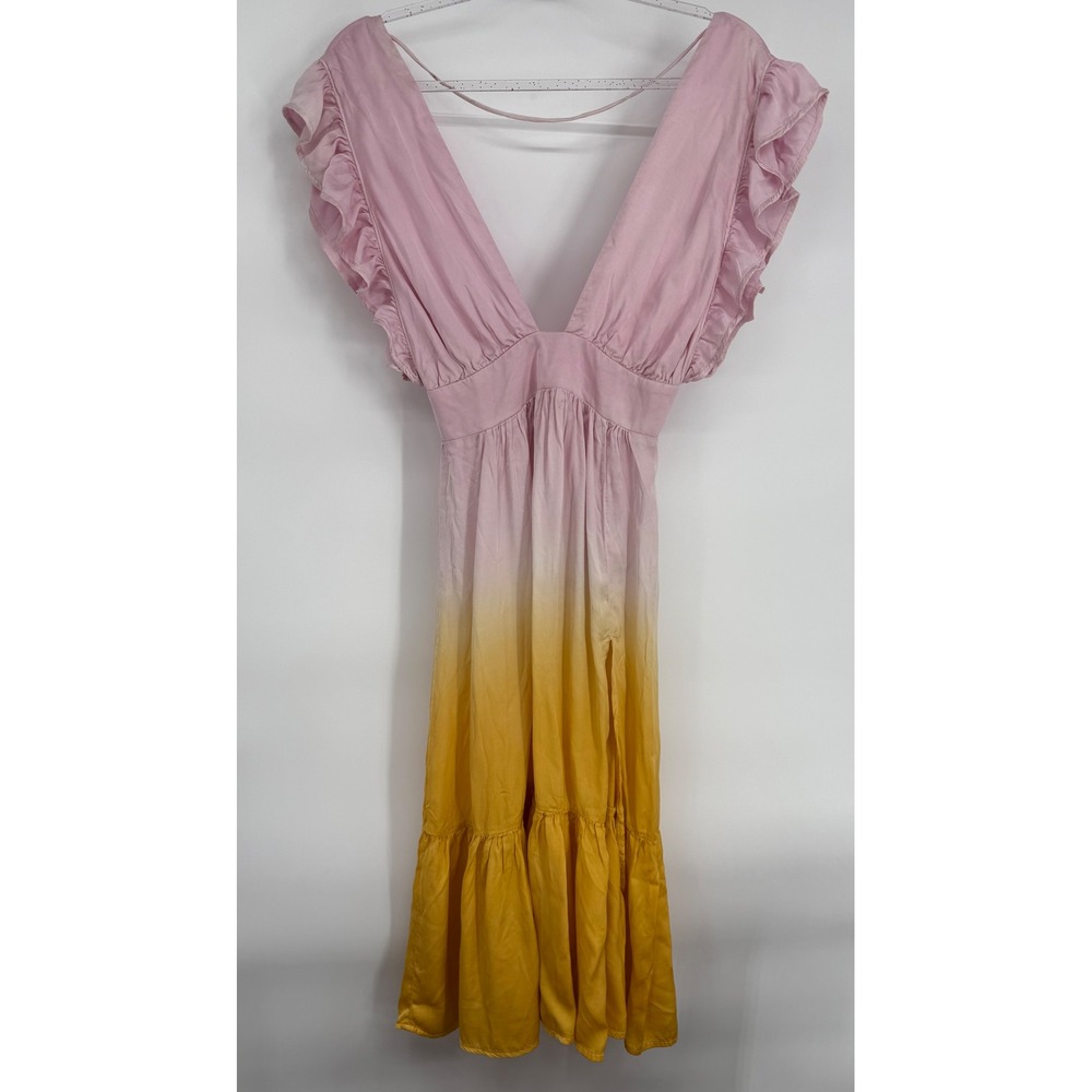 Stillwater Yellow Ombre Deep V-Neck Ruffle Sleeve Midi Dress Boho Sz S